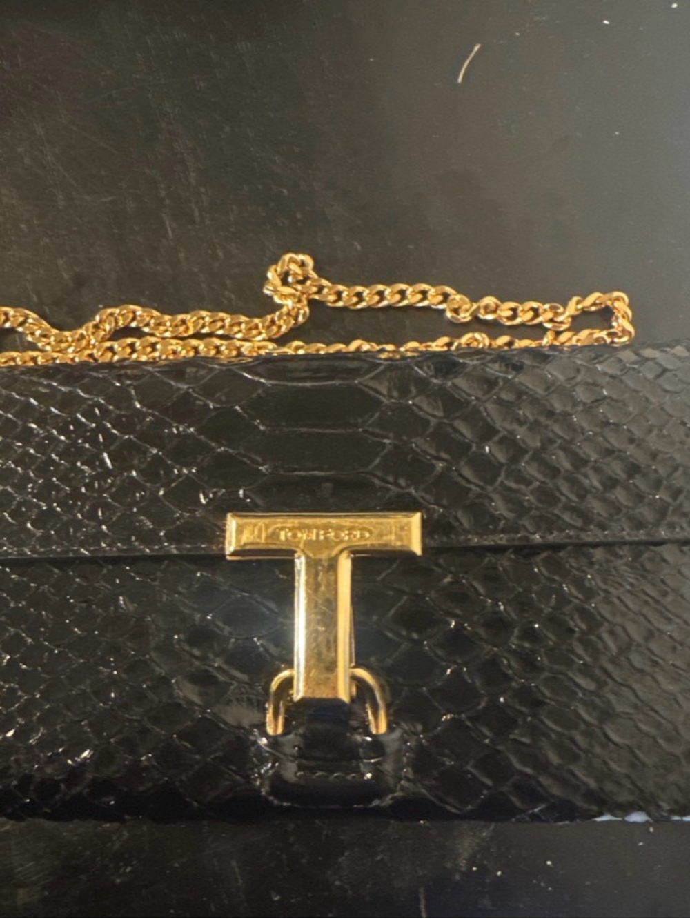 Tom Ford Black Snake skin Shoulder Bag with Gold Chain